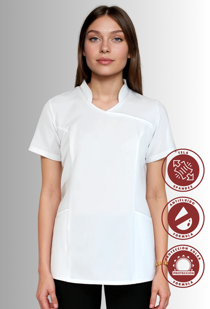 Filipina Blanca Cuello Mao con Antifluido y Spandex | SOZU