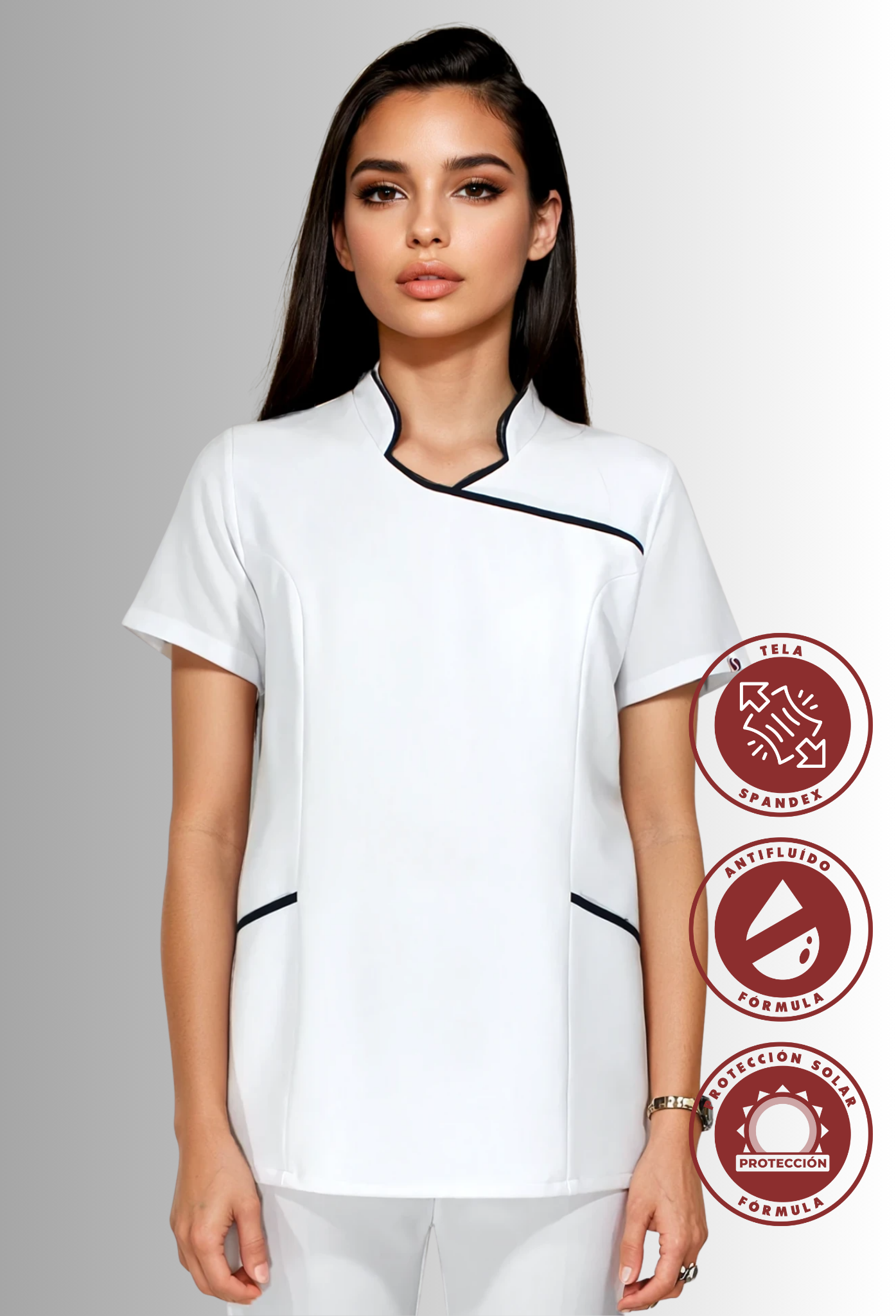 Filipina Blanca Cuello Mao con Antifluido y Spandex | SOZU