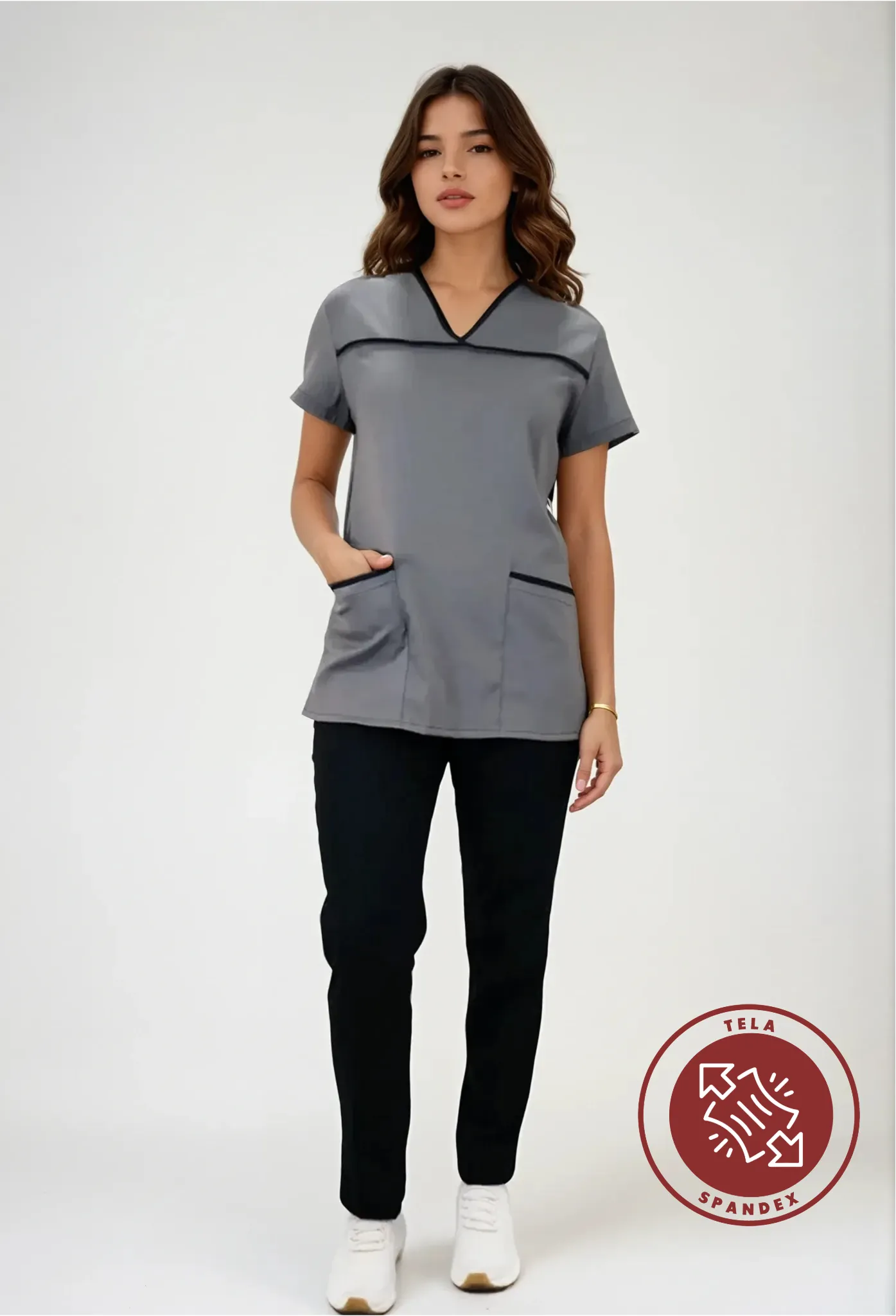 Uniforme de Limpieza con Filipina Gris para Mujer con Spandex | SOZU