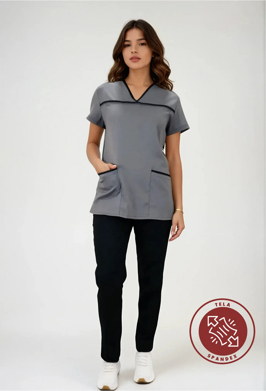 Uniforme de Limpieza con Filipina Gris para Mujer con Spandex | SOZU